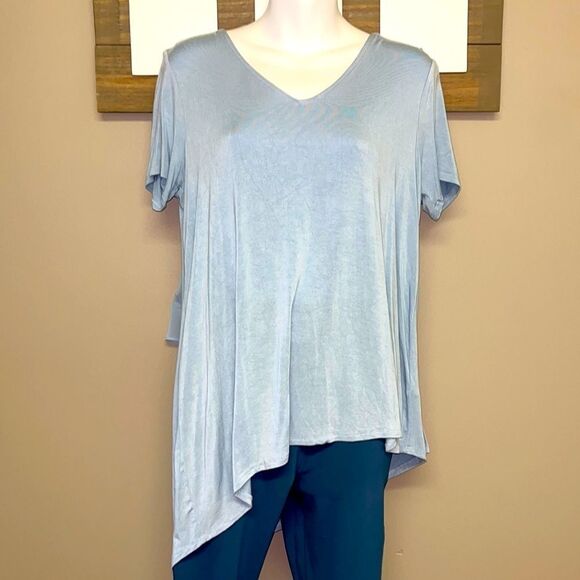 Lisa Rinna Asymmetrical Light Blue Shirt Horizontal and Lace Accents- Small - Picture 1 of 7
